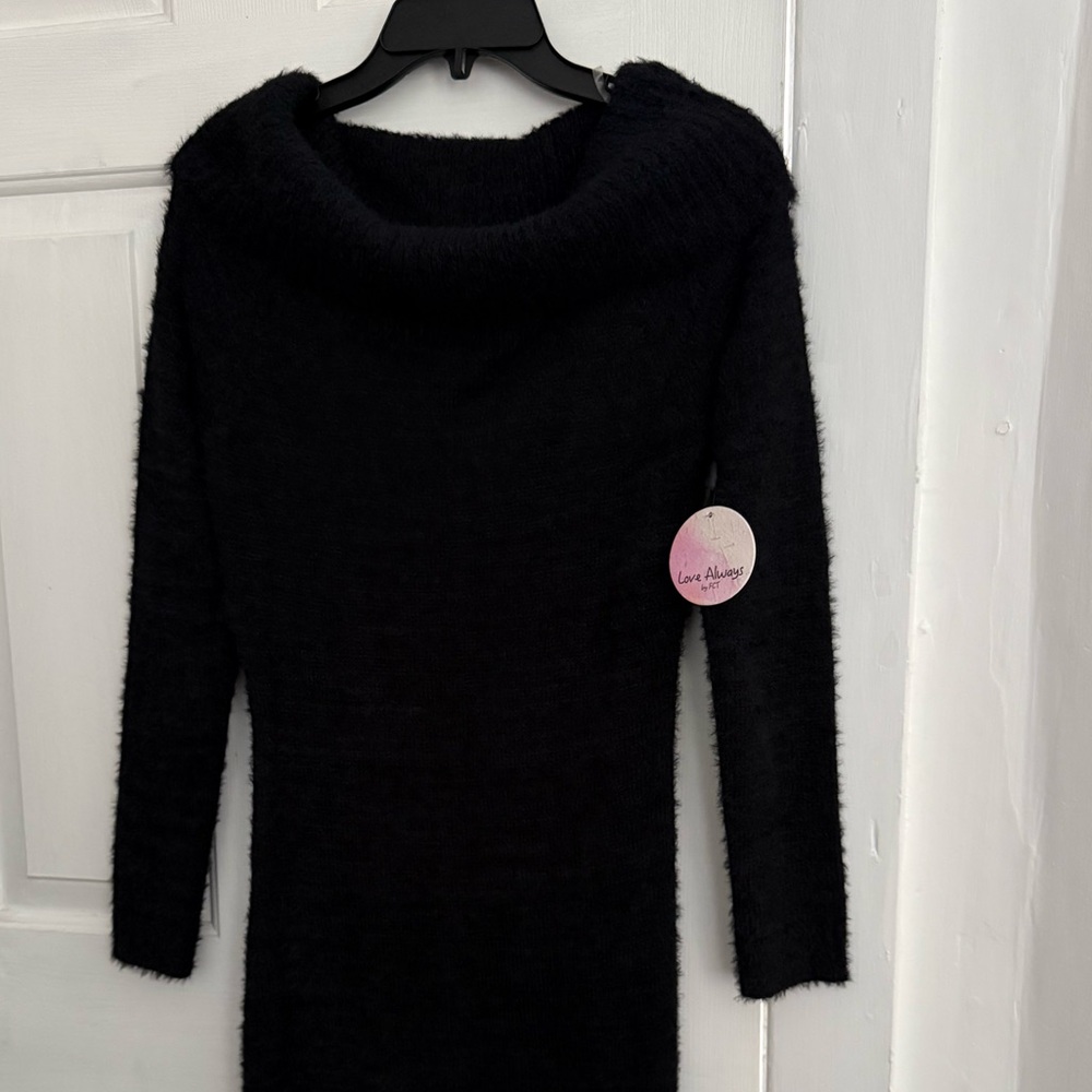 Cozy Black Off-Shoulder Fluffy Teddy Sweater Dress